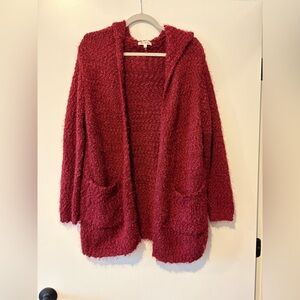 Cozy Open-Front Hooded Cardigan Sweater - Burgundy